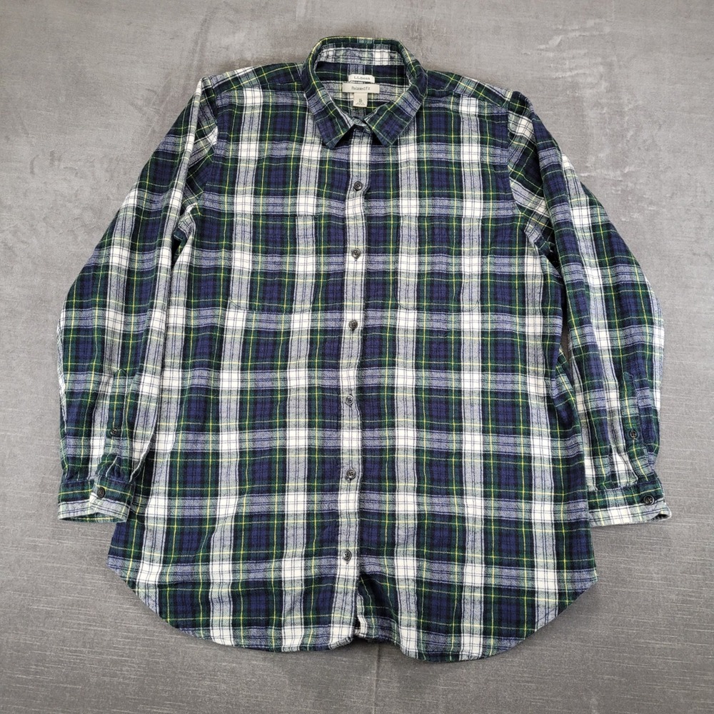 LL Bean Womens Y2K XL‎ Relaxed Fit Flannel Shirt Green Blue Plaid Button Down